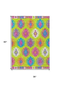 3' X 5' Lime Green Pink And Purple Southwestern Washable Indoor Outdoor Area Rug