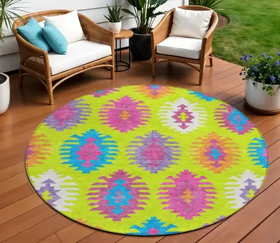 8' Lime Green Pink And Purple Round Southwestern Washable Indoor Outdoor Area Rug