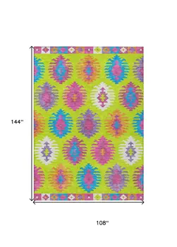9' X 12' Lime Green Pink And Purple Southwestern Washable Indoor Outdoor Area Rug