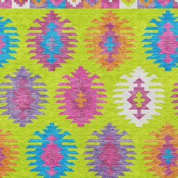 9' X 12' Lime Green Pink And Purple Southwestern Washable Indoor Outdoor Area Rug