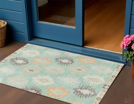 3' X 5' Mint Green Taupe And Peach Southwestern Washable Indoor Outdoor Area Rug