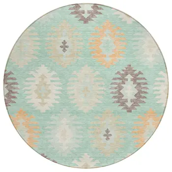 8' Mint Green Taupe And Peach Round Southwestern Washable Indoor Outdoor Area Rug