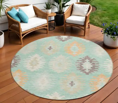 8' Mint Green Taupe And Peach Round Southwestern Washable Indoor Outdoor Area Rug