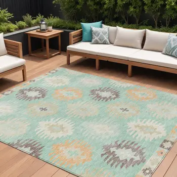 9' X 12' Mint Green Taupe And Peach Southwestern Washable Indoor Outdoor Area Rug