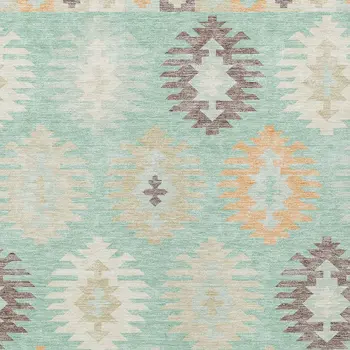 9' X 12' Mint Green Taupe And Peach Southwestern Washable Indoor Outdoor Area Rug