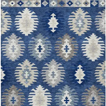 5' X 8' Navy Blue Ivory And Gray Southwestern Washable Indoor Outdoor Area Rug