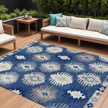 9' X 12' Navy Blue Ivory And Gray Southwestern Washable Indoor Outdoor Area Rug