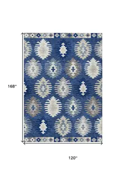 10' X 14' Navy Blue Ivory And Gray Southwestern Washable Indoor Outdoor Area Rug