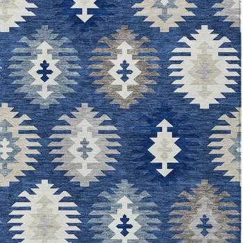 10' X 14' Navy Blue Ivory And Gray Southwestern Washable Indoor Outdoor Area Rug