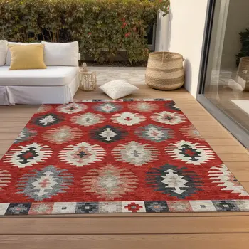 3' X 5' Red Ivory And Salmon Southwestern Washable Indoor Outdoor Area Rug