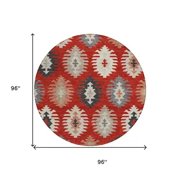 8' Red Ivory And Salmon Round Southwestern Washable Indoor Outdoor Area Rug