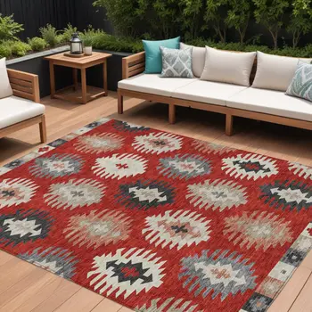 9' X 12' Red Ivory And Salmon Southwestern Washable Indoor Outdoor Area Rug