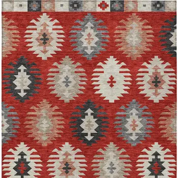 9' X 12' Red Ivory And Salmon Southwestern Washable Indoor Outdoor Area Rug