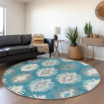 8' Teal Blue Ivory And Gray Round Southwestern Washable Indoor Outdoor Area Rug