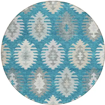 8' Teal Blue Ivory And Gray Round Southwestern Washable Indoor Outdoor Area Rug