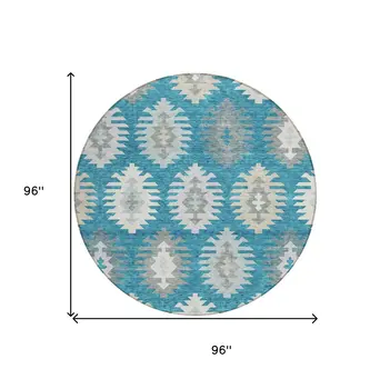 8' Teal Blue Ivory And Gray Round Southwestern Washable Indoor Outdoor Area Rug