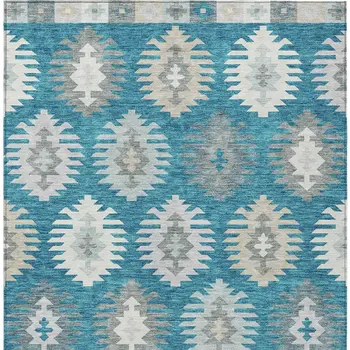 9' X 12' Teal Blue Ivory And Gray Southwestern Washable Indoor Outdoor Area Rug