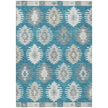 10' X 14' Teal Blue Ivory And Gray Southwestern Washable Indoor Outdoor Area Rug