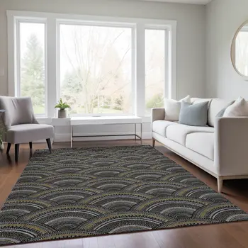 3' X 5' Black Ivory And Gold Geometric Washable Indoor Outdoor Area Rug