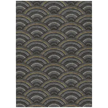 5' X 8' Black Ivory And Gold Geometric Washable Indoor Outdoor Area Rug