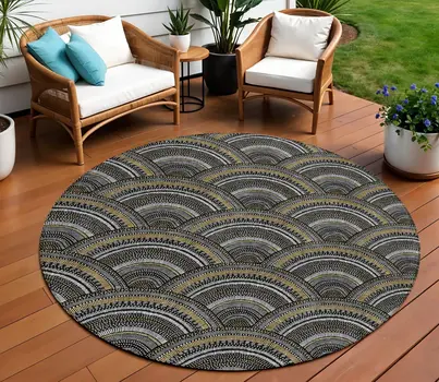 8' Black Ivory And Gold Round Geometric Washable Indoor Outdoor Area Rug