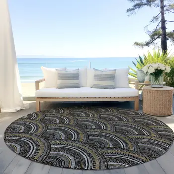 8' Black Ivory And Gold Round Geometric Washable Indoor Outdoor Area Rug