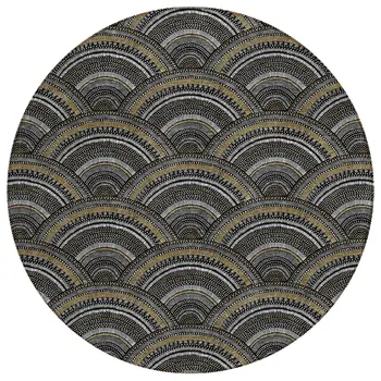 8' Black Ivory And Gold Round Geometric Washable Indoor Outdoor Area Rug