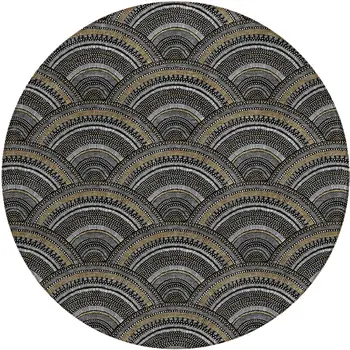8' Black Ivory And Gold Round Geometric Washable Indoor Outdoor Area Rug