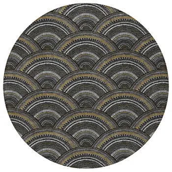 8' Black Ivory And Gold Round Geometric Washable Indoor Outdoor Area Rug