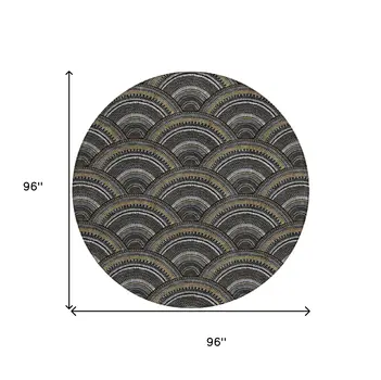 8' Black Ivory And Gold Round Geometric Washable Indoor Outdoor Area Rug