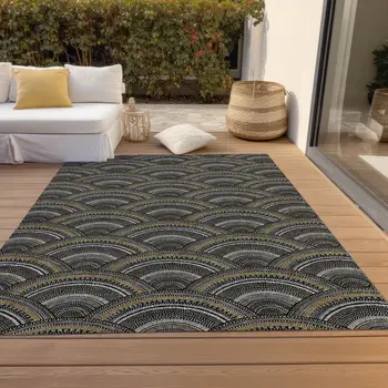 8' X 10' Black Ivory And Gold Geometric Washable Indoor Outdoor Area Rug