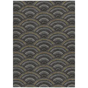 9' X 12' Black Ivory And Gold Geometric Washable Indoor Outdoor Area Rug