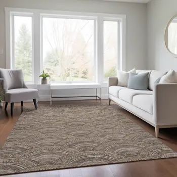 5' X 8' Brown Beige And Taupe Geometric Washable Indoor Outdoor Area Rug