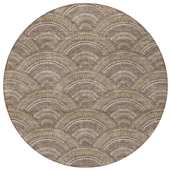 8' Brown Beige And Taupe Round Geometric Washable Indoor Outdoor Area Rug
