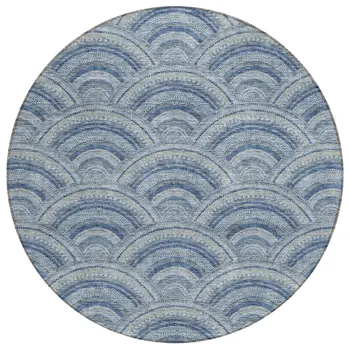 8' Denim Blue Navy Blue And Ivory Round Geometric Washable Indoor Outdoor Area Rug