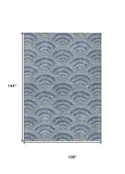 9' X 12' Denim Blue Navy Blue And Ivory Geometric Washable Indoor Outdoor Area Rug