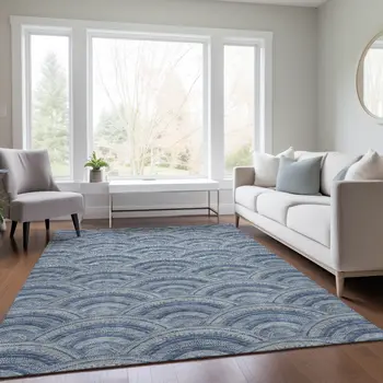 9' X 12' Denim Blue Navy Blue And Ivory Geometric Washable Indoor Outdoor Area Rug