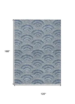 10' X 14' Denim Blue Navy Blue And Ivory Geometric Washable Indoor Outdoor Area Rug
