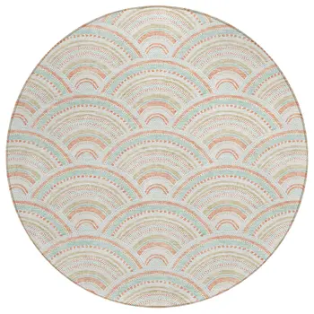 8' Linen Orange And Ivory Round Geometric Washable Indoor Outdoor Area Rug