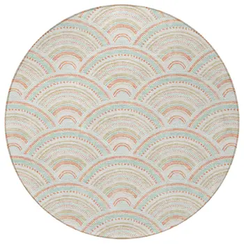 8' Linen Orange And Ivory Round Geometric Washable Indoor Outdoor Area Rug