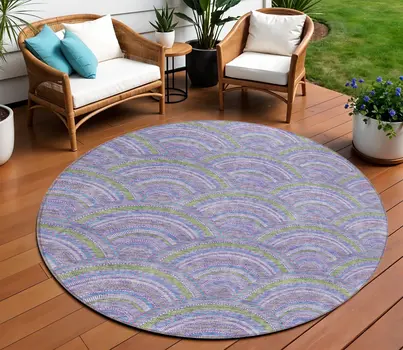 8' Lavender Sage And Ivory Round Geometric Washable Indoor Outdoor Area Rug