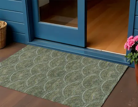 3' X 5' Olive Green Fern Green And Silver Geometric Washable Indoor Outdoor Area Rug