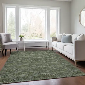 3' X 5' Olive Green Fern Green And Silver Geometric Washable Indoor Outdoor Area Rug