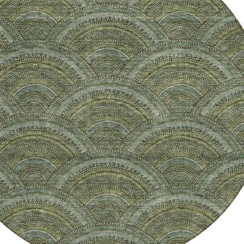 8' Olive Green Fern Green And Silver Round Geometric Washable Indoor Outdoor Area Rug