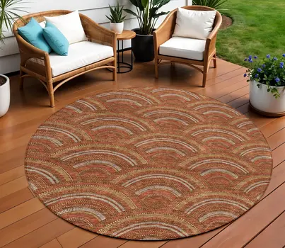 8' Orange Gold And Ivory Round Geometric Washable Indoor Outdoor Area Rug