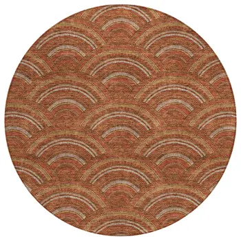 8' Orange Gold And Ivory Round Geometric Washable Indoor Outdoor Area Rug