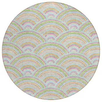 8' Pearl Orange And Purple Round Geometric Washable Indoor Outdoor Area Rug