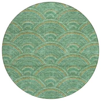 8' Sage Fern Green And Peach Round Geometric Washable Indoor Outdoor Area Rug