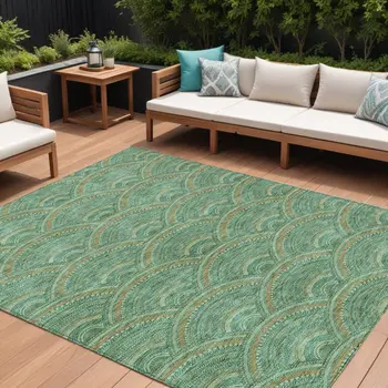 9' X 12' Sage Fern Green And Peach Geometric Washable Indoor Outdoor Area Rug