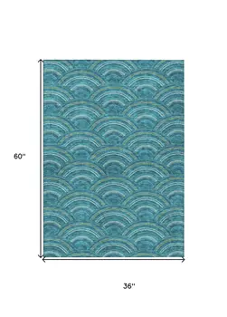 3' X 5' Teal Blue Fern Green And Ivory Geometric Washable Indoor Outdoor Area Rug